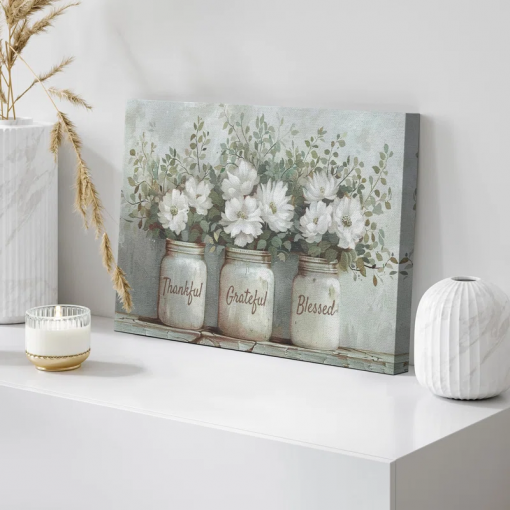 bottled plant thankful grateful blessed inspirational green floral rustic mason jar large canvas print wall art