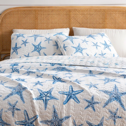 nautical blue starfish reversible quilt set with shams