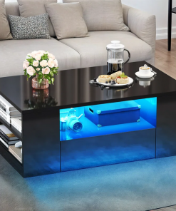 led high gloss finish coffee table with 2 drawers open shelves storage