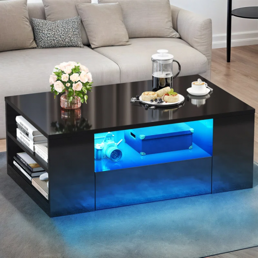 led high gloss finish coffee table with 2 drawers open shelves storage