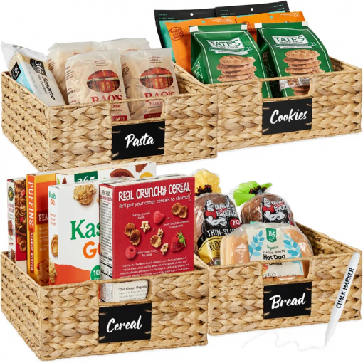 13in woven water hyacinth pantry baskets w/ chalkboard label, chalk marker