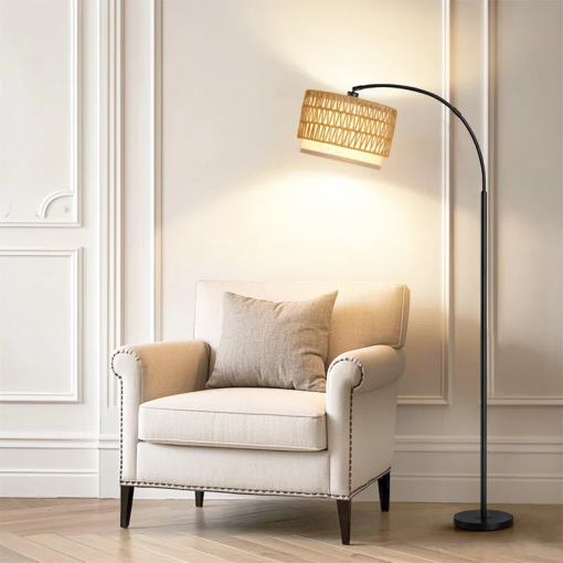 75" arched floor lamp with rattan shade and remote control
