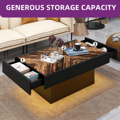 pedestal coffee table with 2 drawers, led coffee table with music sync