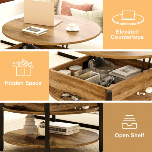wynny 27"w round lift top wood coffee table with storage