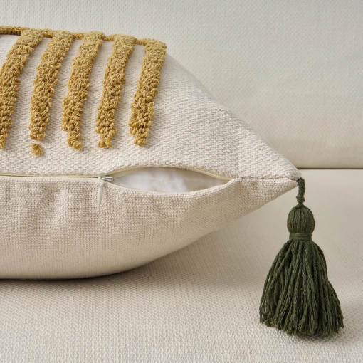 tufted throw pillow cover with handwoven stripes, linen cotton decorative cushion case, 18x18 inch set of 1