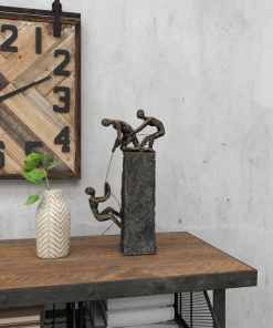 gray polystone people climbing decorative sculpture with bronze detailing, 7