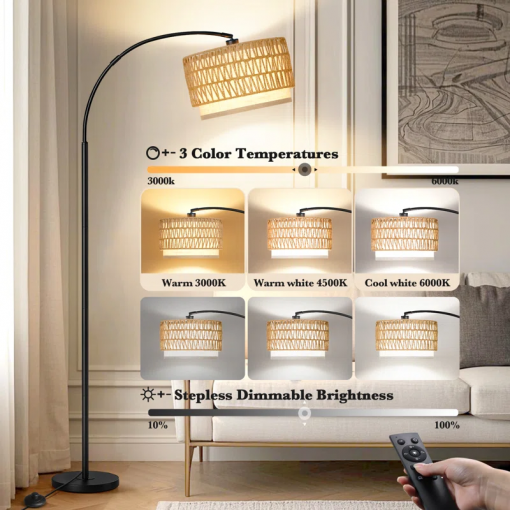 75" arched floor lamp with rattan shade and remote control