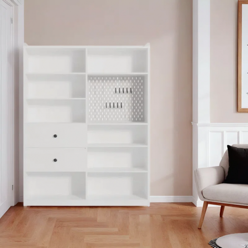 79" h x 55" w 8 cubby display book shelves with pegboard and deep drawer