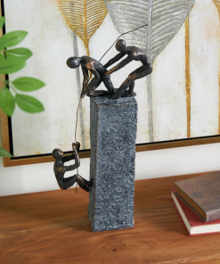 gray polystone people climbing decorative sculpture with bronze detailing, 7