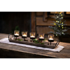 5 pillar candelabra centerpiece with glass cups and rustic wood tray