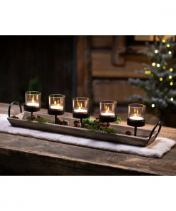 5 pillar candelabra centerpiece with glass cups and rustic wood tray