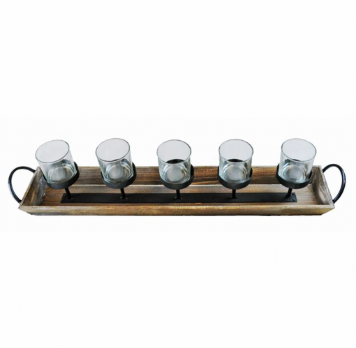5 pillar candelabra centerpiece with glass cups and rustic wood tray