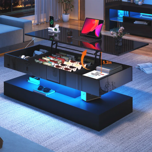 47.2" large lift top led modern high glossy coffee table with charging station