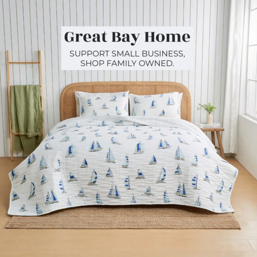 blue seashell reversible quilt set with shams