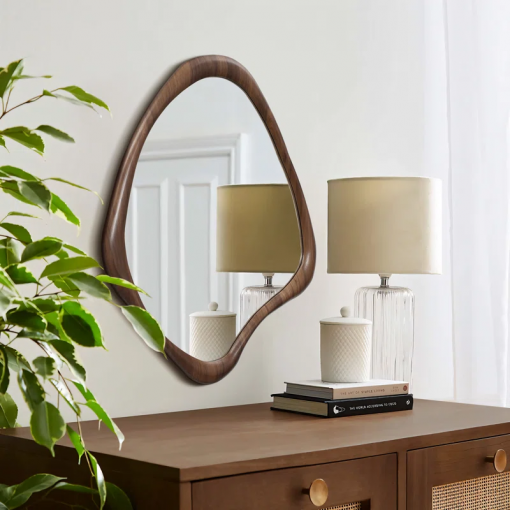 brown wood frame irregular decorative wall mirror