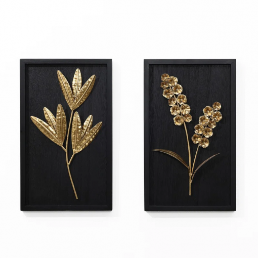gold flowers and plants with black wood back and frame wall decor