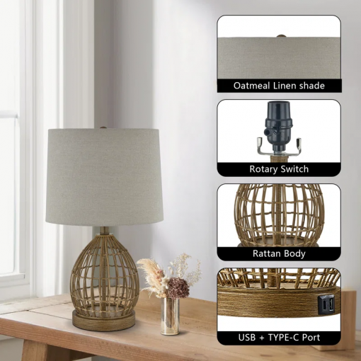22" traditional rattan table lamp with usb for living room/bedroom