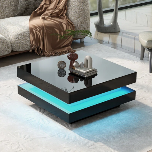 deontea pedestal high gloss minimalist design with led lights, 2 tier square coffee table, center table, living room table