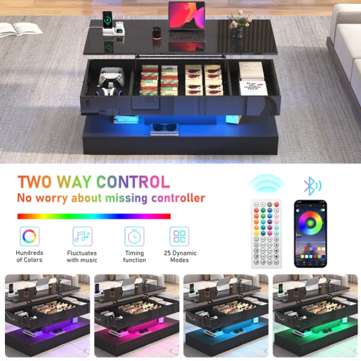 47.2" large lift top led modern high glossy coffee table with charging station