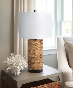 angilia boho woven seagrass table lamp 26" tall rustic accent lamp with linen drum shade natural brown finish for bedroom, living room, or office decor