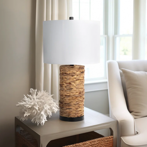 angilia boho woven seagrass table lamp 26" tall rustic accent lamp with linen drum shade natural brown finish for bedroom, living room, or office decor