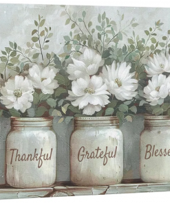 bottled plant thankful grateful blessed inspirational green floral rustic mason jar large canvas print wall art