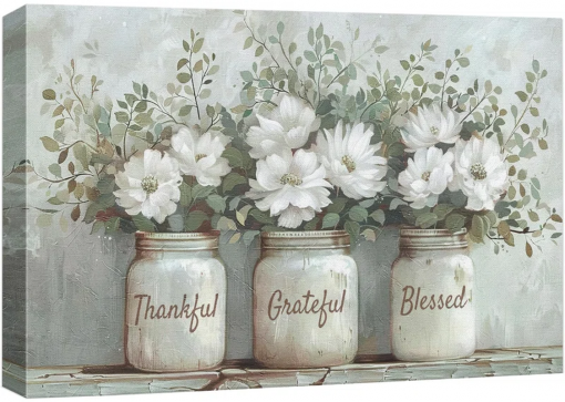 bottled plant thankful grateful blessed inspirational green floral rustic mason jar large canvas print wall art