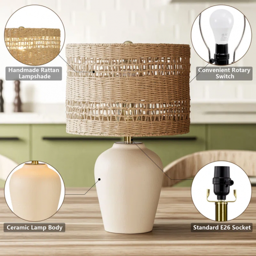 boho style ceramic rattan table lamp for living room/bedroom/entryway console/decorative supplements with rattan accent