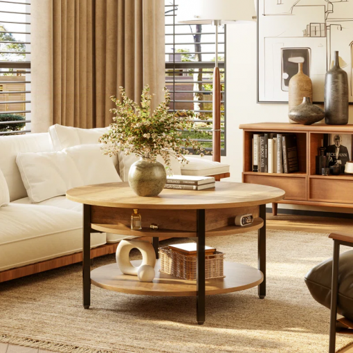 wynny 27"w round lift top wood coffee table with storage