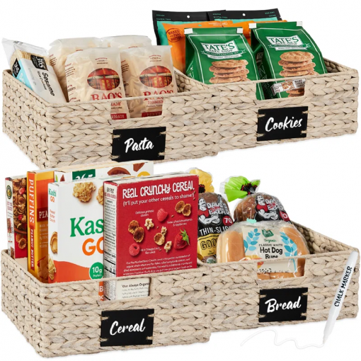 13in woven water hyacinth pantry baskets w/ chalkboard label, chalk marker