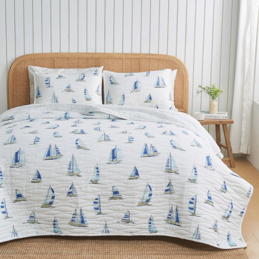 blue seashell reversible quilt set with shams