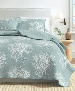coral / starfish reversible coastal quilt set with shams