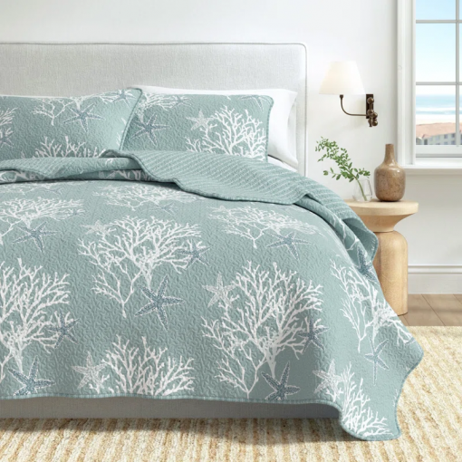 coral / starfish reversible coastal quilt set with shams